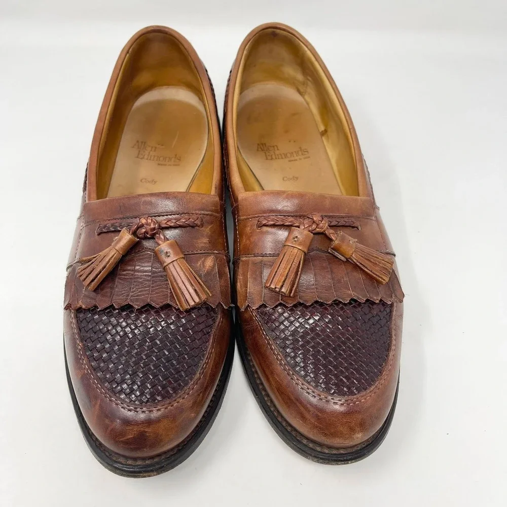 Allen Edmonds Cody Tassel Loafers Mens‎ 11 Brown Leather Woven Basketweave 1849